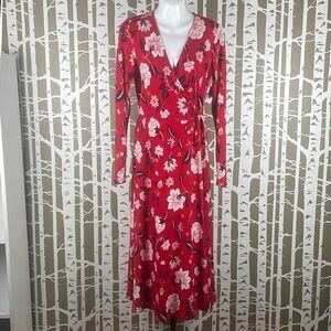Old Navy Long Sleeve Knit True Wrap Midi Dress Red Floral NEW S Tall